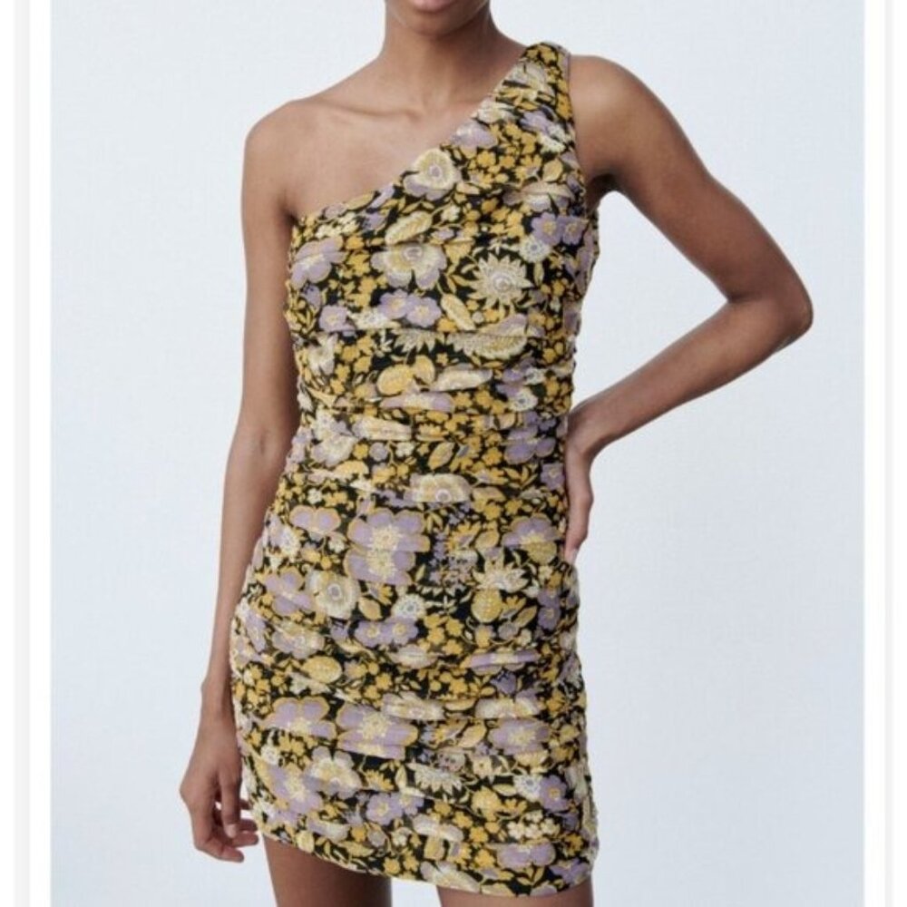 ZARA One Shoulder Mini Dress Floral Yellow Metallic Cocktail NEW